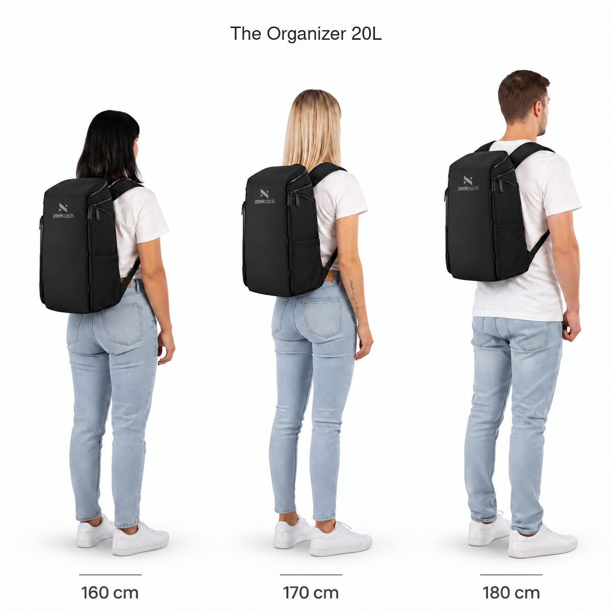 The Organizer 20L – Größenvergleich an Personen mit 160, 170 und 180 cm Körpergröße.