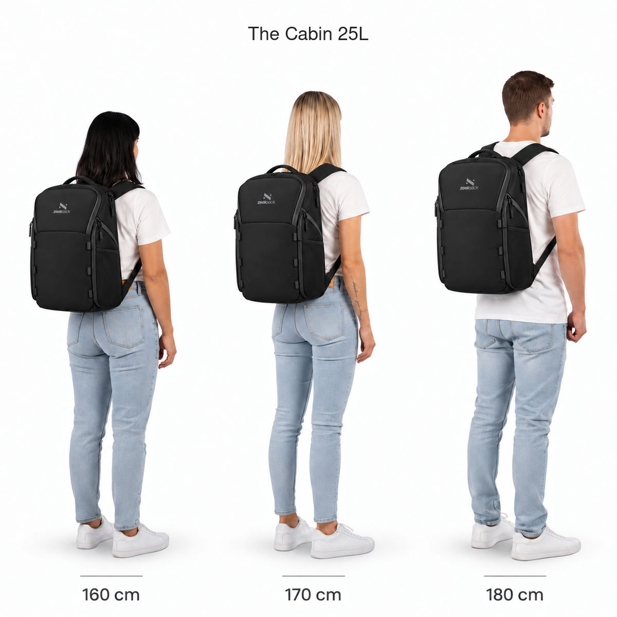 The Cabin 25L – Größenvergleich an Personen mit 160, 170 und 180 cm Körpergröße.