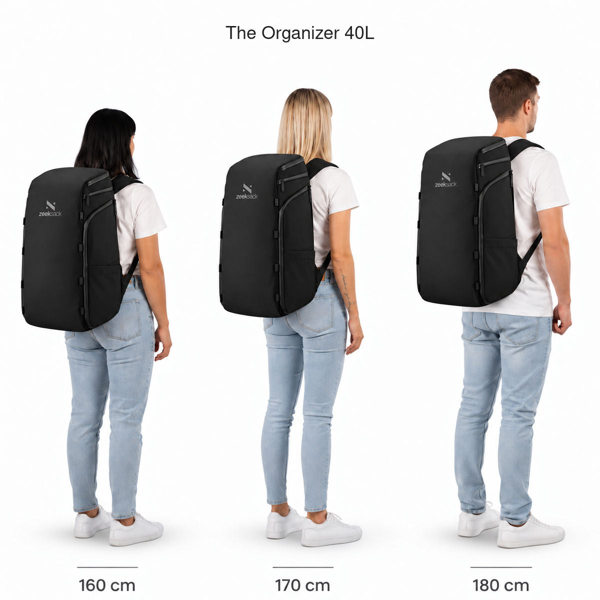 The Organizer 40L – Größenvergleich an Personen mit 160, 170 und 180 cm Körpergröße.
