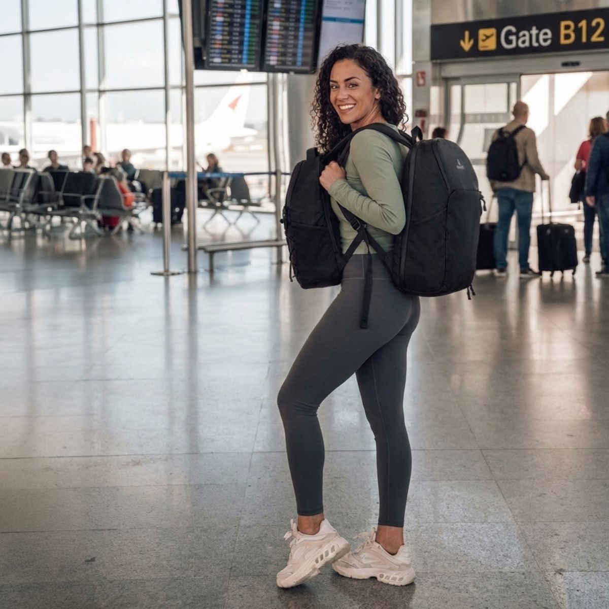 Zeeksack - Frau mit The Cabin 25L auf dem Rücken und The Underseat 15L vorne am Körper am Flughafen.