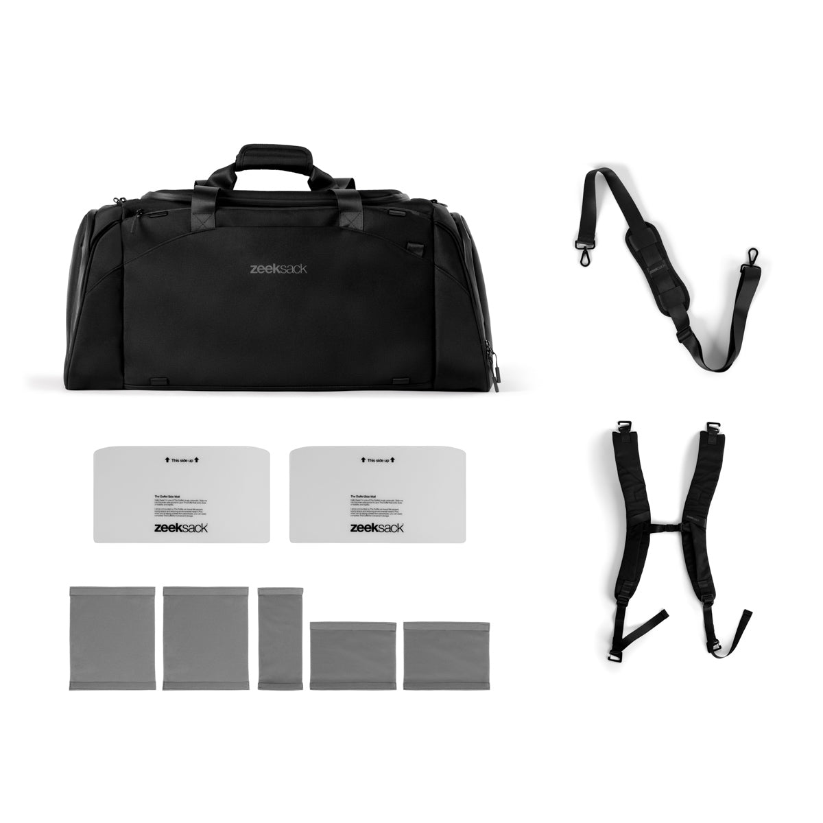 Zeeksack Duffelbag mit komplettem Lieferumfang: Tasche, Schultergurt, Rucksackträger, Trennwände und Rückenplatten auf weißem Hintergrund.