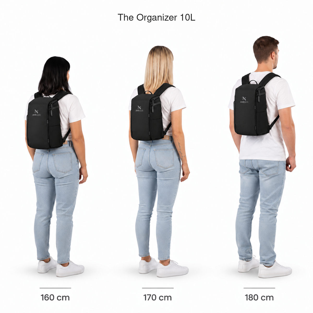 The Organizer 10L – Größenvergleich an Personen mit 160, 170 und 180 cm Körpergröße.