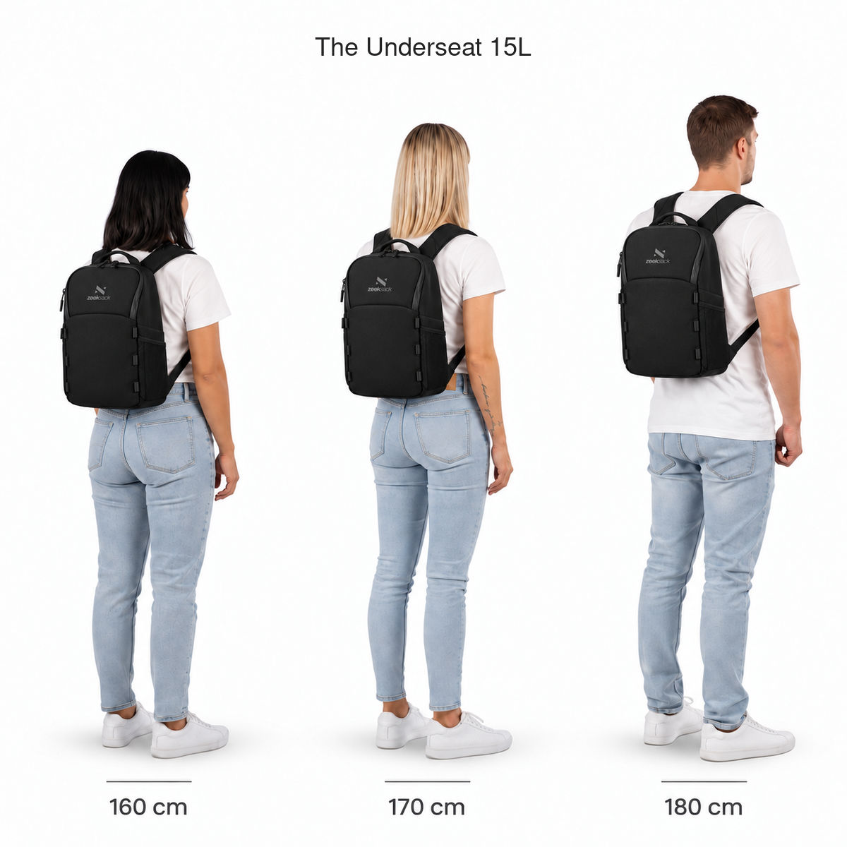 The Underseat 15L – Größenvergleich an Personen mit 160, 170 und 180 cm Körpergröße.