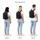 The Underseat 15L – Größenvergleich an Personen mit 160, 170 und 180 cm Körpergröße.