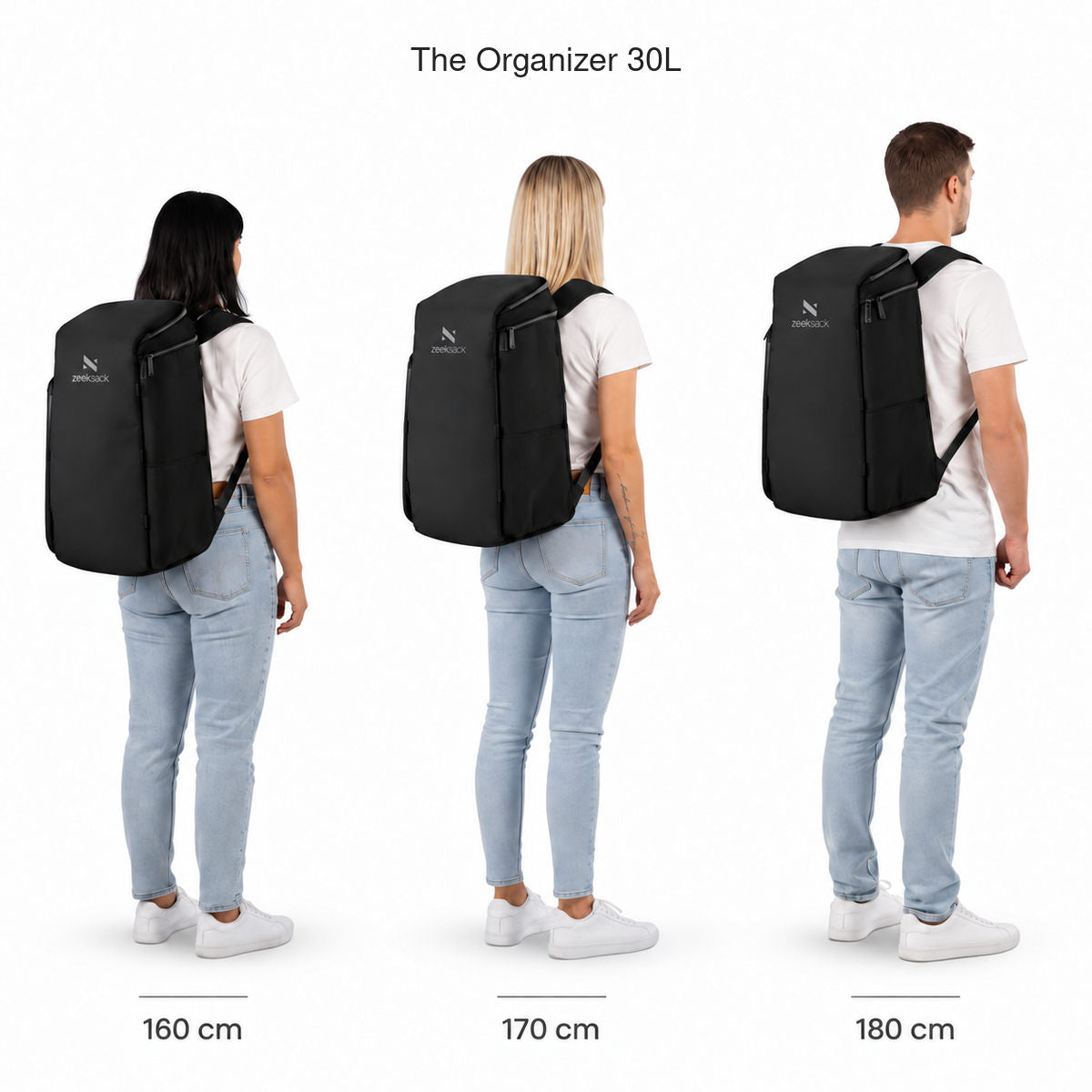 The Organizer 30L – Größenvergleich an Personen mit 160, 170 und 180 cm Körpergröße.