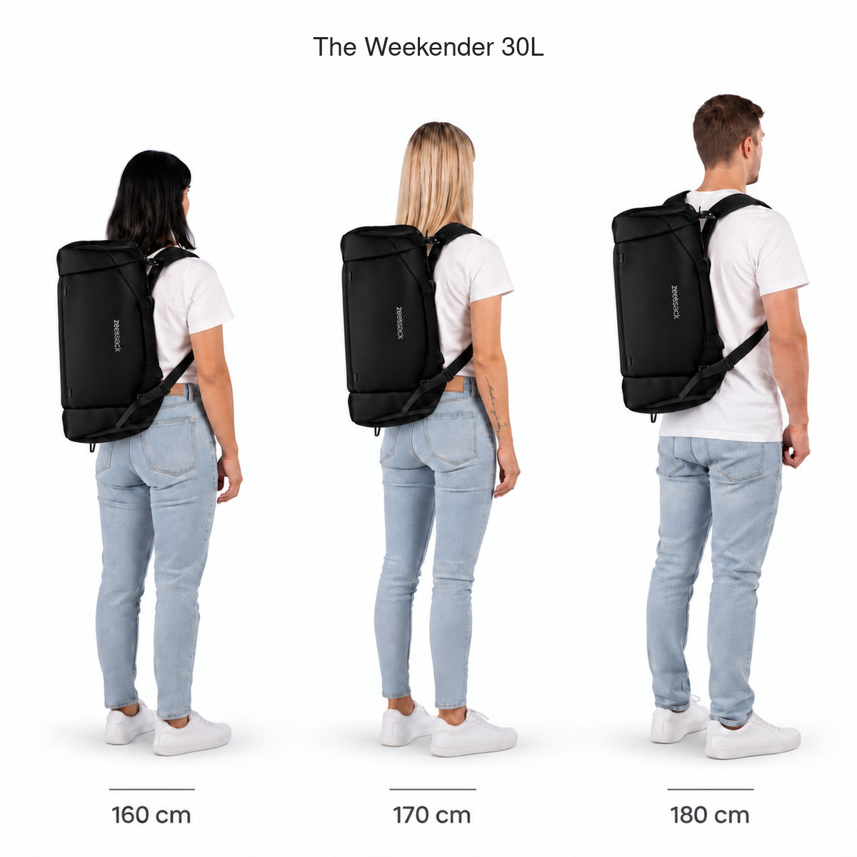 The Weekender 30L – Größenvergleich an Personen mit 160, 170 und 180 cm Körpergröße.