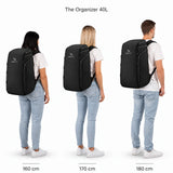 The Organizer 40L – Größenvergleich an Personen mit 160, 170 und 180 cm Körpergröße.