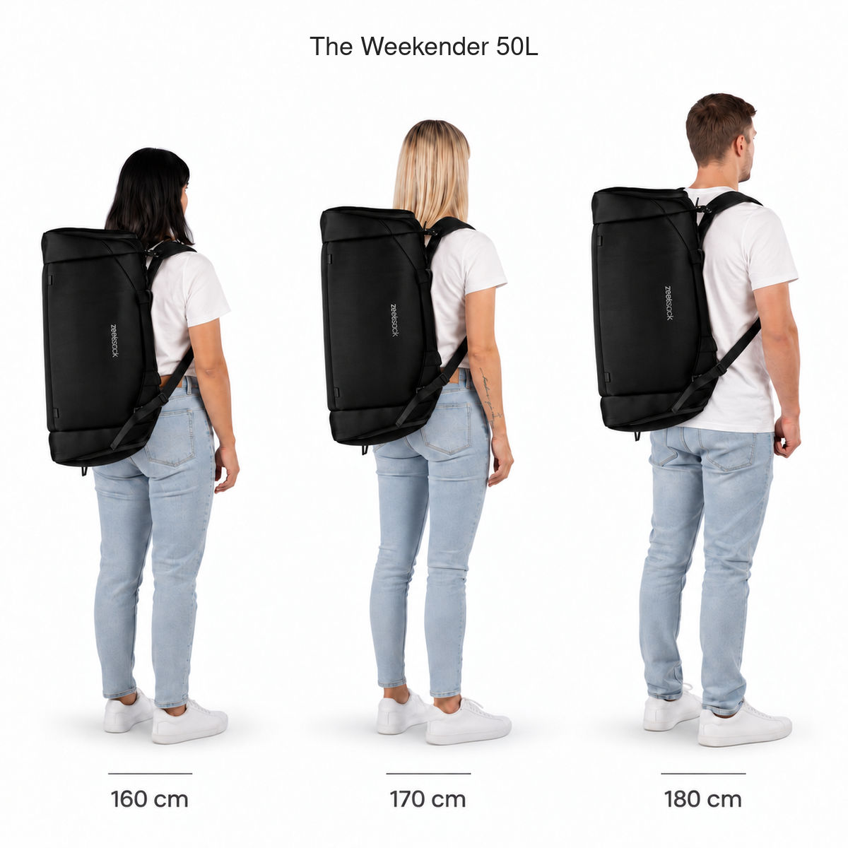 The Weekender 50L – Größenvergleich an Personen mit 160, 170 und 180 cm Körpergröße.