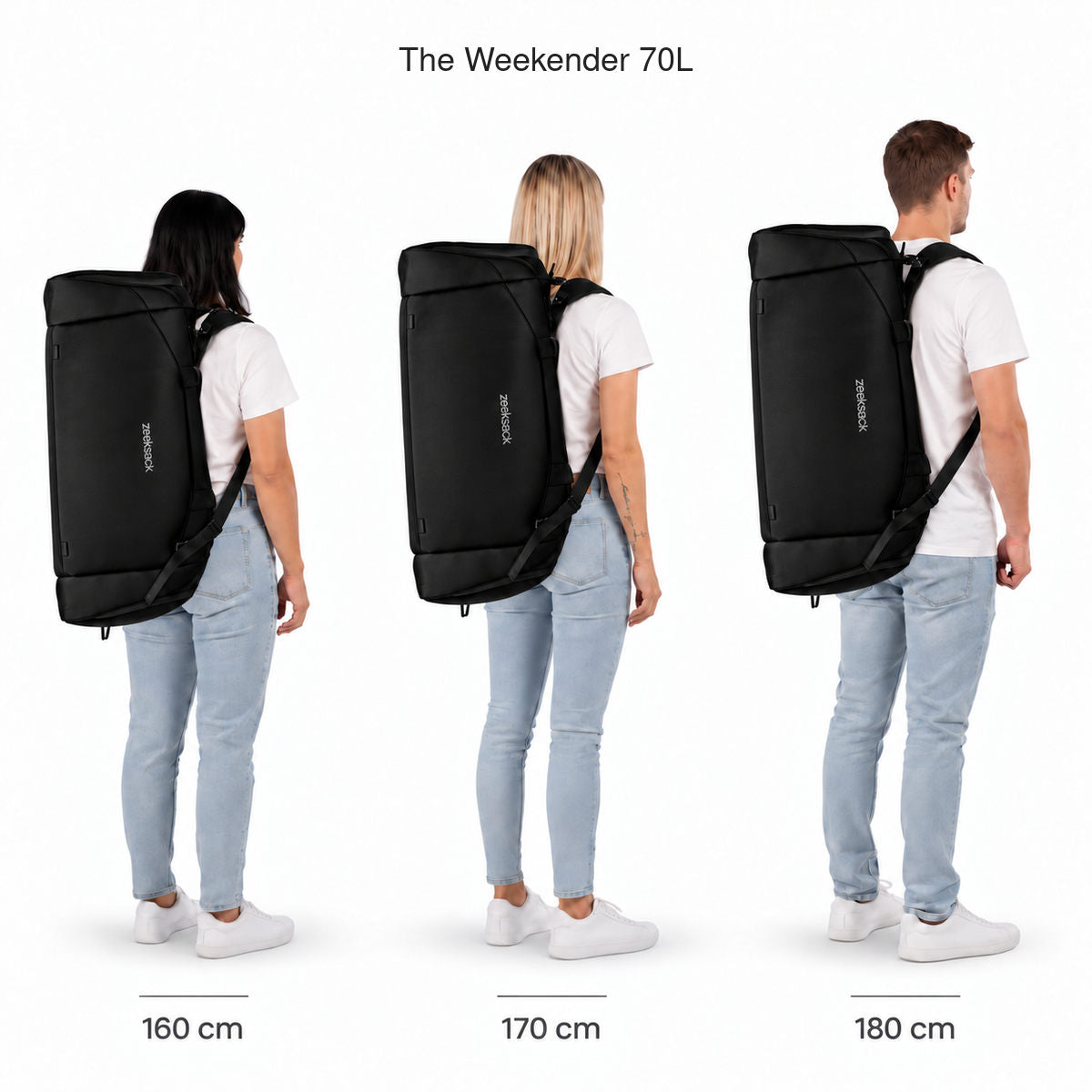 The Weekender 70L – Größenvergleich an Personen mit 160, 170 und 180 cm Körpergröße.