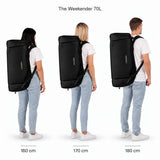 The Weekender 70L – Größenvergleich an Personen mit 160, 170 und 180 cm Körpergröße.