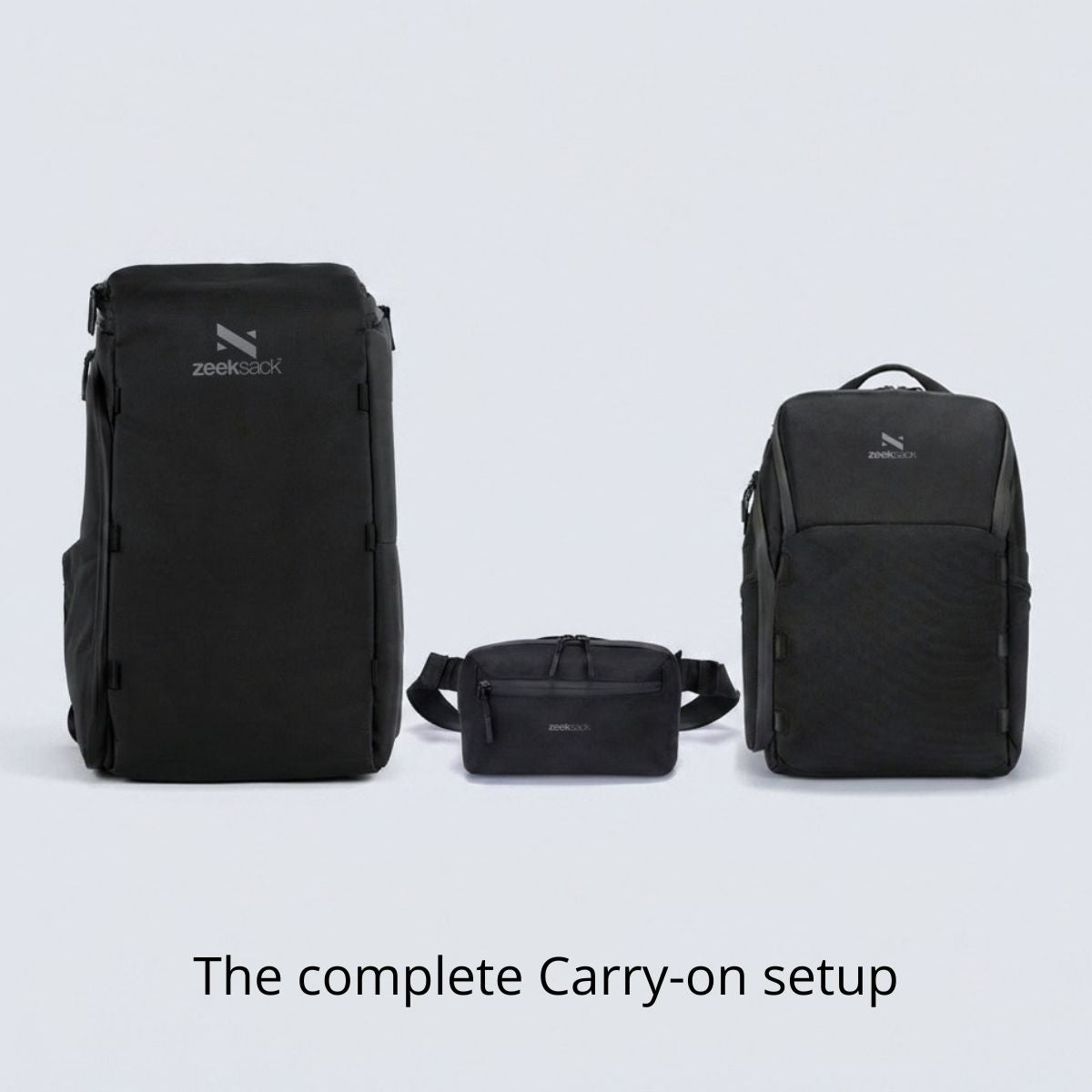 Zeeksack The Organizer 30L + The Underseat 15L + Crossbody Organizer (schwarz) – Produkte gemeinsam als Set abgebildet.