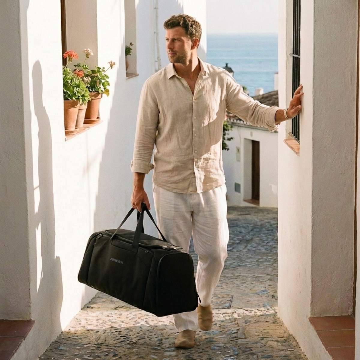 Ein Mann trägt den Weekender 70L auf Reisen.