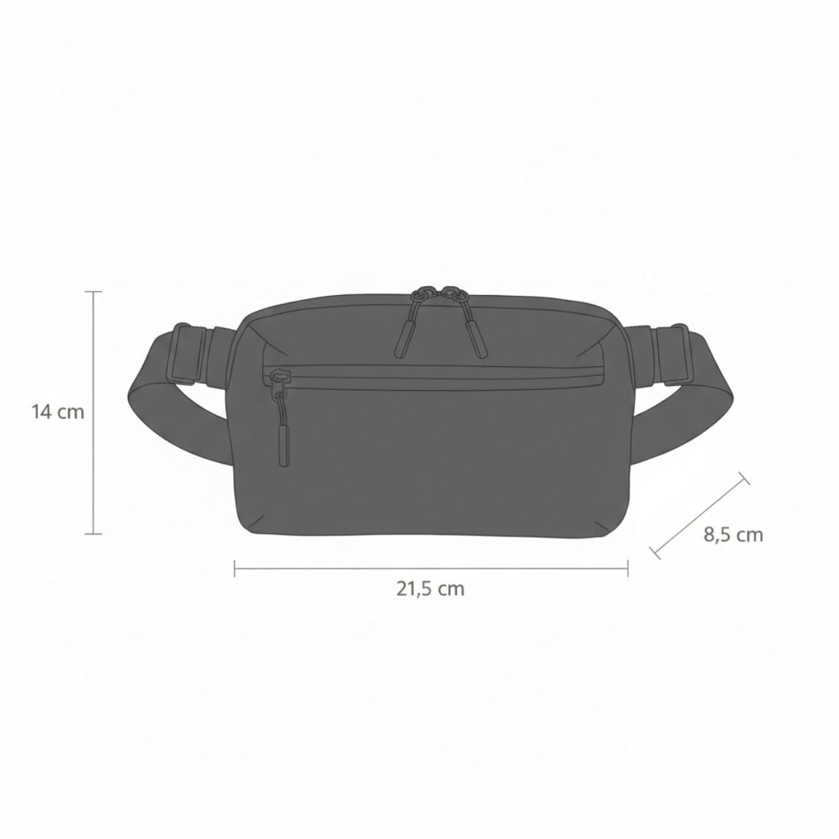 Schwarzer Crossbody Organizer – Maßzeichnung: 21,5 × 14 × 8,5 cm.