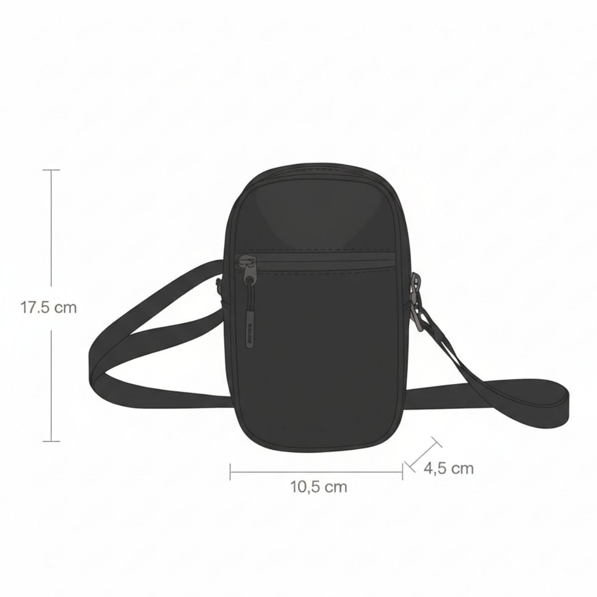 Schwarzer Travel Pouch – Maßzeichnung: 17,5 × 10,5 × 4,5 cm.