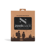 Zeeksack Wäsche- und Schuhbeutel (schwarz) – Kartonverpackung mit Logo.