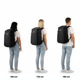 Größenvergleich mit dem Rucksack an Personen mit 160, 170 und 180 cm Körpergröße.