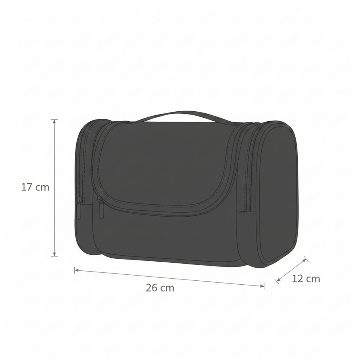 Schwarze Toiletry Bag – Maßzeichnung: 26 × 17 × 12 cm.