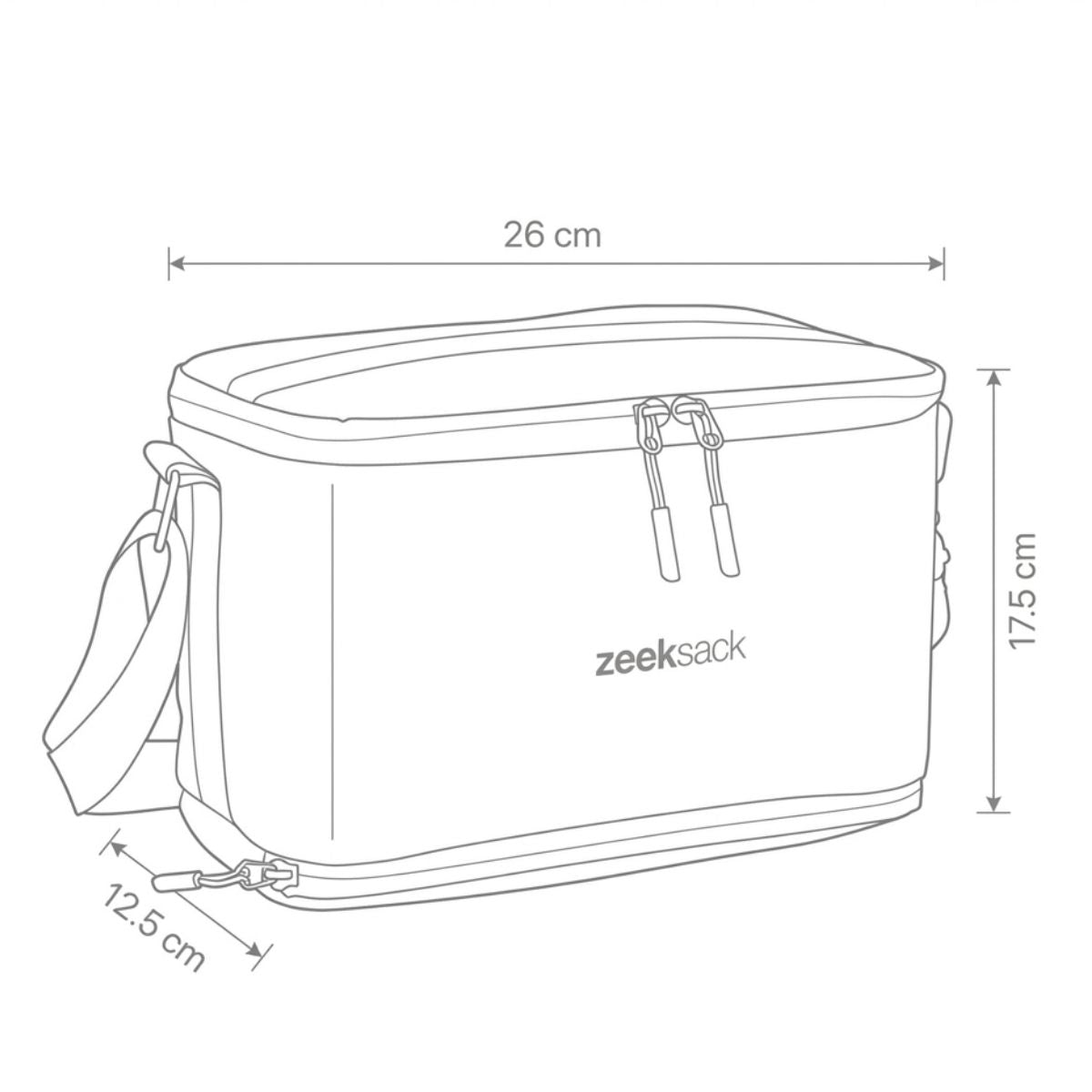 Schwarzer Travel Cooler – Maßzeichnung: 26 × 17,5 × 12,5 cm.